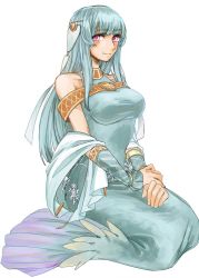 Rule 34 | 1girl, aqua hair, arm warmers, bad id, bad twitter id, bare shoulders, blue dress, bracelet, breasts, dress, fire emblem, fire emblem: the blazing blade, full body, hair ornament, hands on lap, highres, jewelry, large breasts, long hair, looking at viewer, ninian, nintendo, own hands together, pink eyes, sash, seiza, simple background, sitting, snowflake print, solo, tnmrdgr, white background