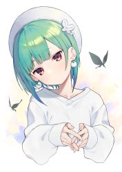 Rule 34 | 1girl, black butterfly, blue hair, bug, butterfly, closed mouth, cropped torso, earrings, gradient hair, green hair, hat, head tilt, highres, hololive, insect, jewelry, long sleeves, looking at viewer, multicolored hair, pom pom (clothes), pom pom earrings, red eyes, shirt, short hair, sleeves past wrists, solo, syhan, upper body, uruha rushia, uruha rushia (school uniform), virtual youtuber, white hat, white shirt