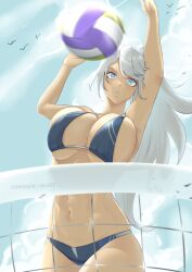 Rule 34 | 1girl, abs, armpits, artist name, ball, beach volleyball, bikini, bird, blue eyes, breasts, from below, grey hair, highres, incoming attack, large breasts, long hair, looking at viewer, navel, net, original, parted lips, ponytail, purple bikini, solo, sweat, swimsuit, teeth, vialnite, volleyball, volleyball (object), volleyball net