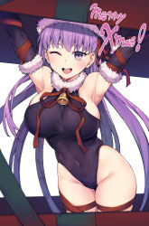 Rule 34 | 1girl, armpits, arms up, bb (fate), bb (fate/extra), bell, black gloves, black hat, black leotard, blush, box, breasts, covered navel, elbow gloves, fate/extra, fate/extra ccc, fate (series), gift, gift box, gloves, hair between eyes, hair ribbon, hat, highleg, highleg leotard, highres, jp06, large breasts, leotard, long hair, looking at viewer, neck ribbon, one eye closed, open mouth, purple eyes, purple hair, red ribbon, ribbon, santa hat, simple background, smile, solo, very long hair, white background