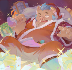 Rule 34 | 1boy, animal ears, artist logo, bara, belly, boar boy, boar ears, claws, fat, fat man, furry, furry male, ganglie (housamo), gift, hat, highres, holding, holding sack, male focus, mixed-language commentary, one eye closed, pig nose, sack, santa costume, santa hat, seamonsterping, sparkle, tokyo houkago summoners, tusks