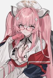 Rule 34 | 1girl, aogisa, azur lane, blunt bangs, breasts, cleavage, closed mouth, glasses, gloves, hand up, hat, highres, jewelry, long hair, looking at viewer, medium breasts, nurse, nurse cap, official alternate costume, pendant, pendant choker, perseus (azur lane), perseus (unfamiliar duties) (azur lane), pink eyes, pink gloves, pink hair, red-framed eyewear, simple background, solo, twintails, very long hair, white background