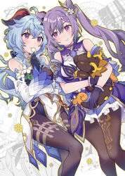 Rule 34 | 2girls, black bodysuit, black pantyhose, blue hair, bodysuit, braid, breasts, character doll, clothes, comiket 101, commentary request, cone hair bun, cover, cover page, detached sleeves, diamond-shaped pupils, diamond (shape), doujin cover, dress, dutch angle, eating flower, flower, ganyu (genshin impact), genshin impact, goat horns, hair between eyes, hair bun, holding, holding flower, horns, keqing (genshin impact), long hair, medium breasts, multiple girls, pantyhose, purple dress, purple eyes, purple hair, rex lapis (genshin impact), smile, symbol-shaped pupils, takitarou, twintails, white sleeves, wide sleeves