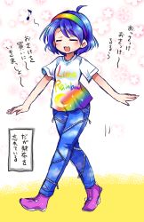 Rule 34 | 1girl, adapted costume, closed eyes, clothes writing, crescent, hairband, highres, multicolored hairband, open mouth, pants, pink footwear, pote (ptkan), rainbow, rainbow gradient, shirt, shoes, short hair, short sleeves, sky, sky print, smile, solo, standing, t-shirt, tenkyuu chimata, touhou, unconnected marketeers, white sleeves