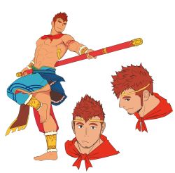 Rule 34 | 1boy, abs, bara, crown, dark-skinned male, dark skin, expressions, facial hair, full body, goatee, gyee, holding, holding polearm, holding weapon, itto (mentaiko), kong (gyee), long sideburns, male focus, mature male, muscular, muscular male, nipples, orange hair, pectorals, polearm, revealing clothes, ruyi jingu bang, short hair, sideburns, smile, solo, stomach, thighs, weapon, white background