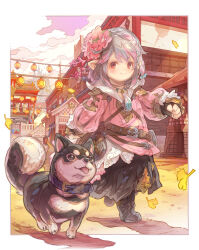 Rule 34 | 1girl, animal, black footwear, black gloves, black skirt, blue collar, blush stickers, boots, building, closed mouth, cloud, cloudy sky, collar, commentary request, commission, day, dog, final fantasy, final fantasy xiv, fingerless gloves, flower, gloves, grey hair, hair flower, hair ornament, haku (sabosoda), highres, jacket, lalafell, lantern, long sleeves, looking at viewer, multicolored hair, outdoors, paper lantern, pink flower, pink hair, pink jacket, pointy ears, puffy long sleeves, puffy sleeves, red eyes, shadow, skeb commission, skirt, sky, smile, solo, streaked hair, walking