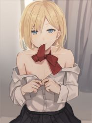 Rule 34 | 1boy, bare shoulders, black skirt, blonde-haired boy (sunaba (nczd5875)), blonde hair, blue eyes, blush, bow, bowtie, closed mouth, collarbone, crossdressing, light smile, long sleeves, looking at viewer, male focus, medium hair, mouth hold, nipples, off shoulder, open clothes, open shirt, original, pectorals, pleated skirt, red bow, red bowtie, ribbon, school uniform, shirt, simple background, skirt, smile, solo, sunaba (nczd5875), sweat, trap, undressing, white shirt