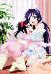 Rule 34 | 10s, 2girls, :d, absurdres, ass, barefoot, black hair, blue hair, blush, bow, breast smother, face to breasts, feet, green eyes, hair bow, headband, highres, hug, implied yuri, kneeling, legs, long hair, love live!, love live! school idol festival, love live! school idol project, midriff, multiple girls, navel, no shoes, non-web source, official art, open mouth, pillow, red eyes, shorts, smile, striped clothes, striped legwear, striped shorts, striped thighhighs, thighhighs, tojo nozomi, very long hair, wavy mouth, yazawa nico, yuri, zettai ryouiki