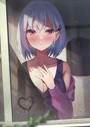 Rule 34 | 1girl, absurdres, amane sora, bare shoulders, blush, breasts, cleavage, clothes, clothes hanger, collarbone, commentary request, curtains, earrings, female pov, fingernails, frilled shirt, frills, hair between eyes, hair ornament, hair over eyes, hairclip, hand on own chest, heart, highres, jacket, jewelry, looking at viewer, low-cut, medium breasts, off shoulder, open clothes, open jacket, original, parted lips, pov, purple jacket, purple shirt, red eyes, reflection, shirt, short hair, sleeveless, sleeveless shirt, solo, teeth, upper body, white hair, window