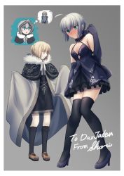 Rule 34 | 2girls, armor, armored dress, artoria pendragon (all), artoria pendragon (fate), black camisole, black dress, black ribbon, blonde hair, blush, braid, breasts, camisole, cape, cloak, commission, cosplay, costume switch, dress, elbow gloves, fate/grand order, fate/strange fake, fate (series), french braid, fur-trimmed cape, fur-trimmed cloak, fur trim, gloves, gray (fate), gray (lord el-melloi ii) (cosplay), green eyes, green hair, grey cape, grey hair, high heels, hood, hood up, hooded, hooded cape, hooded cloak, lolita fashion, lord el-melloi ii case files, medium breasts, multiple girls, ribbon, saber (fate), saber alter, saber alter (cosplay), shoori (migiha), skeb commission, thighhighs, yellow eyes