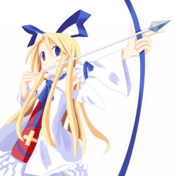 Rule 34 | arrow (projectile), blonde hair, blue eyes, bow (weapon), detached sleeves, disgaea, flonne, long hair, ribbon, weapon, wings