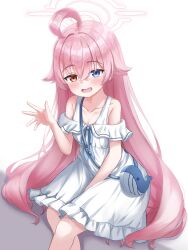 Rule 34 | 1girl, absurdres, ahoge, bare shoulders, blue archive, blue eyes, blush, breasts, cleavage, collarbone, commentary, crossed bangs, dress, fang, feet out of frame, frilled dress, frills, hair between eyes, halo, heterochromia, highres, hoshino (blue archive), kuma piv, long hair, looking at viewer, medium dress, off-shoulder dress, off shoulder, official alternate costume, open mouth, orange eyes, pink hair, pink halo, sitting, small breasts, solo, very long hair, waving, white dress