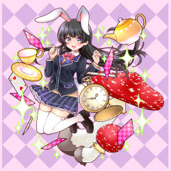 Rule 34 | 1girl, :d, animal ears, argyle, argyle background, argyle clothes, black footwear, black hair, black jacket, blazer, blue skirt, blush, bow, bowtie, braid, breasts, brown sweater, card, collared shirt, commentary request, cup, floating hair, french braid, full body, hair ornament, hairclip, hands up, highres, jacket, kawanobe, legs up, loafers, long hair, long sleeves, looking at viewer, miniskirt, mushroom, nijisanji, open mouth, pink bow, pink bowtie, plaid, playing card, pleated skirt, pocket watch, purple eyes, rabbit ears, saucer, shirt, shoes, sidelocks, skirt, smile, solo, sparkle, sweater, teacup, teapot, thighhighs, tsukino mito, tsukino mito (1st costume), undershirt, virtual youtuber, watch, white shirt, white thighhighs, wing collar, zettai ryouiki