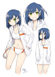 Rule 34 | 10s, blue hair, blush, commentary request, darling in the franxx, dated, green eyes, hair ornament, hairclip, highres, hood, hoodie, ichigo (darling in the franxx), looking at viewer, looking to the side, midriff, multiple views, navel, open mouth, panties, sandals, short hair, signature, simelu, smile, sports bra, standing, stomach, underwear, white background, white hoodie, white panties