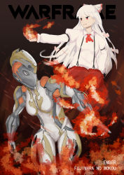 Rule 34 | 1girl, bodysuit, bow, breasts, character name, copyright name, crossover, ember (warframe), fire, fujiwara no mokou, hair bow, hand in pocket, helmet, highres, ikas-zzx, ikastep, long hair, power connection, red eyes, ribbon, suspenders, touhou, very long hair, warframe, white hair