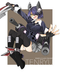 Rule 34 | 10s, 1girl, black thighhighs, character name, checkered clothes, checkered necktie, checkered neckwear, eyepatch, fingerless gloves, gloves, headgear, highres, kantai collection, korigitsune, looking at viewer, necktie, open mouth, panties, partially fingerless gloves, purple hair, school uniform, short hair, solo, sword, tenryuu (kancolle), thighhighs, underwear, weapon, white panties, yellow eyes