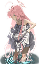 Rule 34 | 1girl, absurdres, alternate costume, bare arms, bare shoulders, blue archive, blue eyes, blush, chroong, commentary request, dress, hair flaps, halo, highres, hoshino (blue archive), korean commentary, long hair, open mouth, pink hair, pink halo, simple background, skirt hold, smile, solo, very long hair, wading, white background, white dress