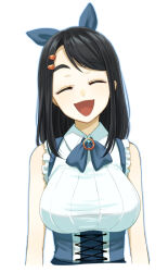 Rule 34 | 1girl, arms at sides, black hair, blue bow, blue ribbon, bow, breasts, brooch, closed eyes, collared shirt, commentary request, corset, cropped torso, facing viewer, hair bow, hair ornament, hairclip, head tilt, jewelry, large breasts, long hair, neck ribbon, nemuro (oide yo mahou shoujo mura), oide yo mahou shoujo mura, open mouth, ribbed shirt, ribbon, sasamaru chimaki, shirt, simple background, sleeveless, sleeveless shirt, smile, solo, swept bangs, thick eyebrows, underbust, white background