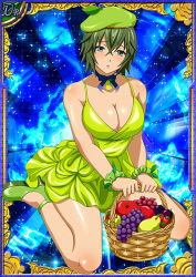 Rule 34 | 00s, 1girl, breasts, card (medium), dress, female focus, green hair, hat, ikkitousen, kyocho chuukou, large breasts, looking at viewer, shiny skin, short hair, sitting, solo