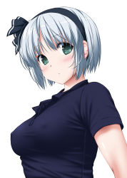 Rule 34 | 1girl, alternate costume, black hair, black shirt, blush, breasts, collared shirt, commentary request, covered erect nipples, eyes visible through hair, green eyes, hairband, head tilt, highres, konpaku youmu, large breasts, looking at viewer, nori tamago, shirt, short hair, short sleeves, silver hair, simple background, solo, touhou, upper body, white background