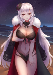 Rule 34 | 1girl, ahoge, azur lane, beach, black coat, black flower, black one-piece swimsuit, black ribbon, breasts, cleavage, clothing cutout, coat, commentary request, cowboy shot, flower, fur-trimmed coat, fur trim, graf zeppelin (azur lane), graf zeppelin (beachside urd) (azur lane), hair flower, hair ornament, hand on own arm, highres, jacket, jacket on shoulders, large breasts, light purple hair, lipstick, liu lan, looking at viewer, makeup, navel, navel cutout, night, night sky, ocean, one-piece swimsuit, parted lips, pink lips, red eyes, ribbon, see-through, sidelocks, sky, solo, star (sky), starry sky, swimsuit, thigh gap, water, wristband