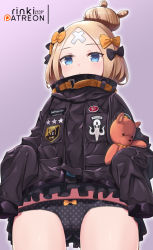Rule 34 | 1girl, abigail williams (fate), abigail williams (traveling outfit) (fate), black bow, black jacket, black panties, blonde hair, blue eyes, blush, bow, bow panties, cameltoe, clothes lift, commentary request, crossed bandaids, fate/grand order, fate (series), hair bow, hair bun, heroic spirit traveling outfit, highres, hugging object, jacket, jacket lift, key, lifting own clothes, lo xueming, long hair, long sleeves, looking at viewer, official alternate costume, orange bow, panties, parted bangs, parted lips, polka dot, polka dot bow, polka dot panties, single hair bun, sleeves past fingers, sleeves past wrists, solo, star (symbol), stuffed animal, stuffed toy, teddy bear, underwear