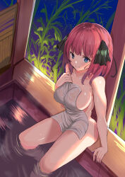Rule 34 | 1girl, absurdres, black ribbon, blue eyes, blunt bangs, breasts, butterfly hair ornament, closed mouth, commentary request, covering privates, go-toubun no hanayome, hair ornament, hair ribbon, highres, holding, holding towel, large breasts, looking at viewer, medium hair, nakano nino, night, night sky, nude cover, onsen, pink hair, ribbon, sideboob, sitting, sky, smile, solo, star (sky), starry sky, towel, two side up, watanuki (0000861884), wet