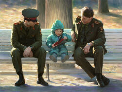 Rule 34 | 3boys, absurdres, artist name, bench, black footwear, boots, brown hair, child, dated, green jacket, green pants, hat, highres, jacket, jeffholy, male focus, military hat, military jacket, military uniform, morning, multiple boys, original, outdoors, pants, peaked cap, realistic, short hair, sitting, soldier, toy, tree, uniform, very short hair, watch, wristwatch