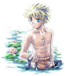 Rule 34 | 1boy, artist request, bishounen, blonde hair, blue eyes, crystal, day, facial mark, flower, jewelry, leaf, lily pad, male focus, male swimwear, naruto, naruto (series), necklace, orange male swimwear, orange swim trunks, outdoors, partially submerged, plant, simple background, solo, spiked hair, standing, swim trunks, swimsuit, topless male, uzumaki naruto, wading, water, whisker markings, white background
