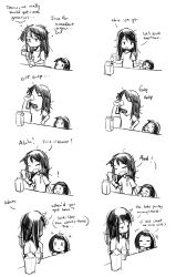 Rule 34 | &gt; &lt;, 2girls, 4koma, artist self-insert, child, closed eyes, comic, commentary, drinking, english text, ge-b, greyscale, highres, md5 mismatch, monochrome, multiple 4koma, multiple girls, neet, resized, resolution mismatch, self-portrait, simple background, sketch, source larger, white background