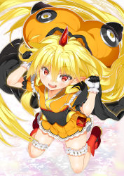 Rule 34 | 1girl, blonde hair, boots, char, dress, gloves, highres, horns, japanese clothes, jumping, bridal garter, long hair, looking at viewer, open mouth, original, pointy ears, red eyes, smile, solo, stuffed animal, stuffed toy, thigh strap, very long hair