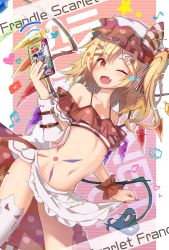 Rule 34 | 1girl, beamed eighth notes, blonde hair, blush, cellphone, character name, crystal, eighth note, fang, fingernails, flandre scarlet, flat chest, highres, holding, holding phone, internet survivor, long hair, musical note, nail polish, navel, niconico, one eye closed, open mouth, phone, red eyes, red nails, sharp fingernails, shiratsuki shiori, side ponytail, skin fang, smartphone, smile, solo, thighs, touhou, wings, youtube