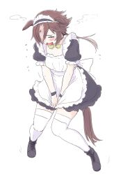 Rule 34 | 1girl, alternate costume, animal ears, apron, black footwear, brown hair, embarrassed, enmaided, full body, hair over one eye, half-closed eyes, highres, horse ears, horse girl, horse tail, knees together feet apart, looking at viewer, maid, maid apron, maid headdress, open mouth, ponytail, puffy short sleeves, puffy sleeves, short sleeves, simple background, solo, tail, thighhighs, umamusume, vent arbre, vodka (umamusume), white apron, white background, white thighhighs, yellow eyes