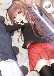 Rule 34 | 1girl, :d, ass, bare shoulders, black shirt, black thighhighs, blush, brown eyes, brown hair, clothing cutout, coffee, coffee mug, commentary request, couch, cup, hair between eyes, hair ribbon, highres, indoors, kouda suzu, long hair, long sleeves, lying, mug, hugging object, on couch, on side, one side up, open mouth, original, pillow, pillow hug, pleated skirt, red skirt, ribbon, shirt, shoulder cutout, skirt, smile, solo, steam, table, thighhighs, very long hair, yellow ribbon