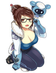 Rule 34 | 1girl, adjusting eyewear, arm support, bare shoulders, beads, belt pouch, black-framed eyewear, blue gloves, boots, breasts, brown eyes, brown hair, canister, cleavage, coat, collarbone, drone, unworn eyewear, floating, from above, fur, fur boots, fur collar, fur trim, glasses, gloves, hair bun, hair ornament, hair stick, hairpin, hand to head, hand up, holding, holding removed eyewear, large breasts, long sleeves, looking at viewer, mei (overwatch), open mouth, overwatch, overwatch 1, pants, pocket, pouch, short hair, sieyarelow, simple background, single hair bun, sitting, smile, solo, swept bangs, tank top, wariza, white background, winter clothes, winter coat