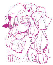 Rule 34 | 1girl, animal ears, bare shoulders, breast hold, breasts squeezed together, breasts, cat ears, cat girl, covered erect nipples, crescent, female focus, hat, homura subaru, kemonomimi mode, large breasts, long hair, low-tied long hair, monochrome, patchouli knowledge, solo, touhou, upper body