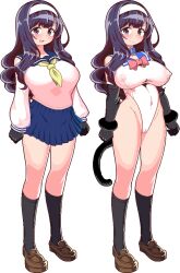 Rule 34 | 1girl, :d, arihara yuuna (hanauna), black gloves, blue hair, blue sailor collar, blue skirt, blush, bow, bowtie, breasts, brown footwear, cameltoe, cat tail, cleft of venus, covered erect nipples, covered navel, dokata (hamanan doboku kougyou), elbow gloves, full body, gloves, green neckerchief, hairband, highleg, highleg leotard, large breasts, leotard, loafers, long hair, long sleeves, neckerchief, open mouth, original, pixel art, pleated skirt, purple eyes, red bow, red bowtie, sailor collar, school uniform, shoes, simple background, skirt, smile, socks, solo, standing, tail, variations, white background, white hairband, white leotard