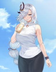 Rule 34 | 1girl, absurdres, bare arms, bare shoulders, black pants, blue eyes, blue sky, breasts, cloud, commentary, cowboy shot, cup, day, disposable cup, drinking, genshin impact, hair ornament, hair over one eye, highres, holding, holding cup, large breasts, leggings, long braid, long hair, pants, shenhe (genshin impact), shenhe (heytea) (genshin impact), shirt, sky, sleeveless, sleeveless shirt, solo, thighs, very long hair, white (user gpgw2383), white hair, white shirt