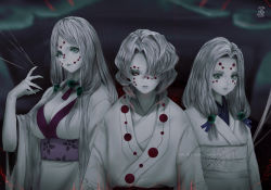 Rule 34 | 1boy, 2girls, aoi ogata, artist name, blurry, blurry background, breasts, cleavage, closed mouth, colored skin, commentary, depth of field, english commentary, facial mark, fingernails, forehead mark, grey eyes, grey hair, hair ornament, hair over one eye, highres, japanese clothes, kimetsu no yaiba, kimono, long hair, long sleeves, looking at viewer, medium breasts, mother spider demon (kimetsu no yaiba), multiple girls, obi, older sister spider demon (kimetsu no yaiba), parted bangs, rui (kimetsu no yaiba), sash, sharp fingernails, short sleeves, spider web print, upper body, white kimono, white skin, wide sleeves