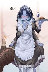 Rule 34 | 1girl, 1other, apron, black dress, blue eyes, blue hair, blue skin, blurry, blurry background, blush, burger, collarbone, colored skin, cracked skin, cup, curtsey, dress, drinking glass, ekrea jan, elden ring, embarrassed, extra arms, extra faces, facial tattoo, food, frilled apron, frilled dress, frills, glowing, highres, holding, holding tray, jewelry, long hair, long sleeves, maid, ranni the witch, ring, shaking, simple background, tattoo, thumbs up, tray, white apron