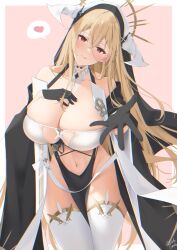 Rule 34 | 1girl, :q, absurdres, azur lane, bare shoulders, black gloves, blonde hair, blush, breast cutout, breasts, cleavage, covered navel, gloves, habit, hair between eyes, heart, highres, horns, huge breasts, implacable (azur lane), long bangs, long hair, looking at viewer, nun, pelvic curtain, red eyes, revealing clothes, solo, thighhighs, thighs, tongue, tongue out, two-tone dress, veil, very long hair, white horns, white thighhighs, wild card