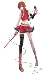 Rule 34 | 1girl, boots, brown eyes, brown hair, female focus, full body, meiko (vocaloid), microphone, microphone stand, midriff, rama, short hair, simple background, single thighhigh, skirt, smile, solo, standing, thighhighs, vocaloid, white background