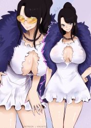 Rule 34 | 1girl, artist name, black hair, blue eyes, breasts, cleavage, dress, fingernails, frilled dress, frills, fur trim, glasses, highres, jewelry, large breasts, nail polish, necklace, nico robin, one piece, one piece film: gold, patreon username, ponytail, signature, solo, sunglasses, vialnite, white dress