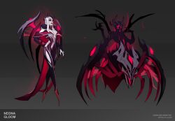 Rule 34 | 1girl, alternate costume, arthropod girl, artist name, bare shoulders, black dress, breasts, bug, cleavage, closed mouth, coven (league of legends), dress, elise (league of legends), extra eyes, full body, glowing, glowing eyes, grey background, hand on own hip, highres, insect girl, large breasts, league of legends, long hair, multiple legs, multiple views, nail polish, neona gloom, red lips, red nails, spider, spider girl, standing, white hair