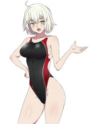 Rule 34 | 1girl, ahoge, black one-piece swimsuit, competition swimsuit, fate/grand order, fate (series), hand on own hip, highleg, highleg swimsuit, highres, jeanne d&#039;arc (fate), jeanne d&#039;arc alter (avenger) (fate), jeanne d&#039;arc alter (fate), kagemusha, looking at viewer, one-piece swimsuit, short hair, silver hair, simple background, solo, swimsuit, white background, yellow eyes