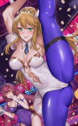Rule 34 | 2girls, aerobics, animal ears, artoria pendragon (all), artoria pendragon (fate), artoria pendragon (swimsuit ruler) (fate), bare shoulders, blonde hair, blue neckwear, blue pantyhose, blush, braid, breasts, bukkake, casino, chips (food), cleavage, cum, detached collar, fake animal ears, fate/grand order, fate (series), fishnet legwear, fishnets, food, formal, french text, green eyes, hair between eyes, hair ornament, hanada yanochi, highleg, large breasts, leotard, long hair, looking at viewer, multiple girls, necktie, neon lights, official alternate costume, open mouth, pantyhose, plate, playboy bunny, poker chip, pole dancing, ponytail, purple neckwear, purple suit, rabbit ears, red eyes, saber (fate), scathach (fate), scathach (piercing bunny) (fate), smile, suit, tiara, white leotard, wrist cuffs
