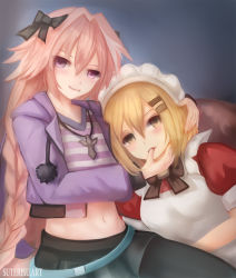 Rule 34 | 1boy, 1girl, apron, astolfo (fate), astolfo (memories at trifas) (fate), belt, blonde hair, blue background, blush, bow, bowtie, braid, crossdressing, crossover, fang, fate/grand order, fate (series), financier, finger in another&#039;s mouth, finger sucking, hair ornament, hair ribbon, hairpin, hand on another&#039;s head, hetero, highres, jewelry, long hair, maid, maid apron, maid headdress, navel, necklace, neptune (series), official alternate costume, pantyhose, pillow, purple eyes, ribbon, shirt, short hair, simple background, skirt, striped clothes, striped shirt, suterisu, trap, very long hair, vest, yellow eyes