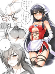 Rule 34 | 1boy, 1girl, apron, arms behind back, ass, back bow, bad id, bad pixiv id, bandaged arm, bandages, black shorts, black thighhighs, bow, breasts, brown eyes, choker, cleavage, comic, facial mark, folks (nabokof), frilled apron, frills, hair between eyes, hair over one eye, holding, holding knife, knife, medium breasts, micro shorts, midriff, navel, rokurou rangetsu, shiny clothes, shiny skin, shorts, speech bubble, stomach, tales of (series), tales of berseria, thighhighs, torn clothes, torn legwear, velvet crowe, waist apron, white apron, white bow