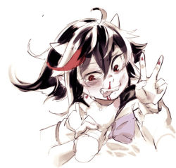 Rule 34 | 1girl, asphyxiation, black hair, blood, bruise, grin, hand on neck, highres, horns, injury, kijin seija, multicolored hair, nosebleed, out of frame, pointy ears, red eyes, red hair, smile, solo focus, strangling, streaked hair, tears, tongue, tongue out, touhou, v, white background, white hair, zeni