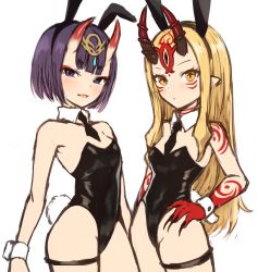 Rule 34 | 2girls, animal ears, bare shoulders, black leotard, black neckwear, blonde hair, bob cut, breasts, closed mouth, detached collar, eyeliner, facial mark, fake animal ears, fate/grand order, fate (series), fingernails, forehead, forehead mark, hair pulled back, headpiece, highres, horns, ibaraki douji (fate), leotard, long hair, looking at viewer, makeup, multiple girls, necktie, oni, open mouth, playboy bunny, pointy ears, purple eyes, purple hair, rabbit ears, rabbit tail, sharp fingernails, short eyebrows, short hair, shuten douji (fate), sidelocks, simple background, skin-covered horns, small breasts, smile, sookmo, strapless, strapless leotard, tail, tattoo, thigh strap, white background, wrist cuffs, yellow eyes